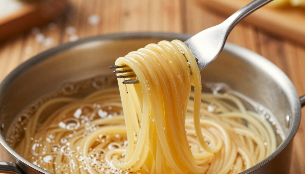 A close-up view of perfectly cooked al dente pasta twirled around a fork, showcasing its glossy, slightly firm texture. The pasta is golden with a subtle sheen, reflecting soft overhead lighting that creates a warm, inviting atmosphere. In the background, a pot filled with boiling water and a scattering of coarse sea salt lend an authentic kitchen vibe. The countertop is a rustic wooden surface, adding a warm contrast to the scene. The image is shot from a slightly elevated angle, emphasizing the pasta's elasticity as it hangs from the fork above the bubbling pot. The soft blur of the background enhances the focus on the pasta, capturing the essence of cooking excellence and the ideal texture that signifies al dente. A close-up view of perfectly cooked al dente pasta twirled around a fork, showcasing its glossy, slightly firm texture. The pasta is golden with a subtle sheen, reflecting soft overhead lighting that creates a warm, inviting atmosphere. In the background, a pot filled with boiling water and a scattering of coarse sea salt lend an authentic kitchen vibe. The countertop is a rustic wooden surface, adding a warm contrast to the scene. The image is shot from a slightly elevated angle, emphasizing the pasta's elasticity as it hangs from the fork above the bubbling pot. The soft blur of the background enhances the focus on the pasta, capturing the essence of cooking excellence and the ideal texture that signifies al dente.