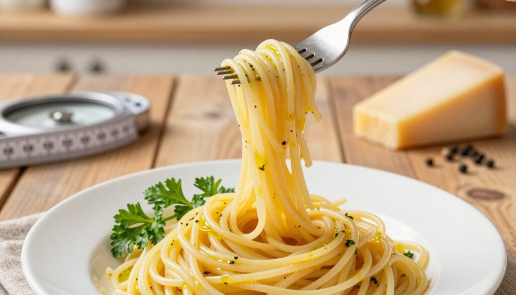 A close-up view of perfectly twirled spaghetti on a fork, highlighting the ideal proportions for serving. The foreground features a beautifully plated dish of al dente spaghetti, glistening with a light coating of olive oil, accompanied by fresh parsley sprigs. In the middle ground, a rustic wooden table setting with a measuring scale and fresh ingredients like Parmesan cheese and black pepper, conveying the essence of traditional Italian cooking. The background is softly blurred, showcasing a warm kitchen atmosphere with gentle, diffused lighting that enhances the inviting mood. The image is shot from a slight overhead angle, emphasizing the textures and colors, creating a sense of culinary inspiration and a homey feel. A close-up view of perfectly twirled spaghetti on a fork, highlighting the ideal proportions for serving. The foreground features a beautifully plated dish of al dente spaghetti, glistening with a light coating of olive oil, accompanied by fresh parsley sprigs. In the middle ground, a rustic wooden table setting with a measuring scale and fresh ingredients like Parmesan cheese and black pepper, conveying the essence of traditional Italian cooking. The background is softly blurred, showcasing a warm kitchen atmosphere with gentle, diffused lighting that enhances the inviting mood. The image is shot from a slight overhead angle, emphasizing the textures and colors, creating a sense of culinary inspiration and a homey feel.