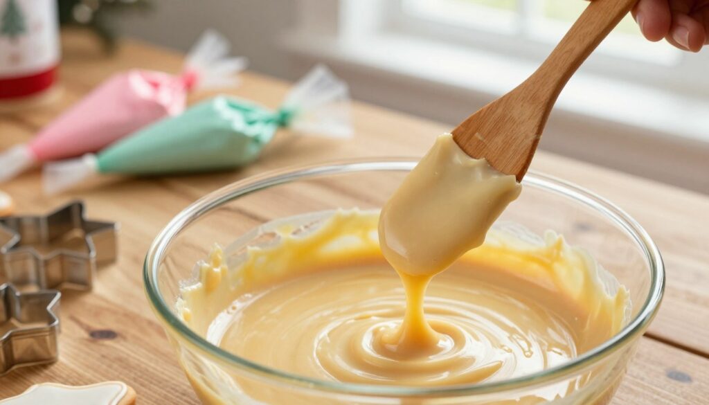 A close-up view of royal icing in a mixing bowl, showcasing its thick, glossy, and smooth consistency ideal for decorating gingerbread cookies. In the foreground, a wooden spatula is dipped into the icing, revealing a perfect ribbon as it lifts from the bowl. The middle layer captures an artisan kitchen setting with baking tools like cookie cutters and pastel-colored icing bags arranged neatly on a rustic wooden countertop. The background features softly blurred hints of holiday decorations, creating a warm and inviting atmosphere. Natural light illuminates the scene from a nearby window, casting gentle shadows and enhancing the glossy texture of the icing, emphasizing its stability and thickness. The mood is cozy and festive, perfect for holiday baking. A close-up view of royal icing in a mixing bowl, showcasing its thick, glossy, and smooth consistency ideal for decorating gingerbread cookies. In the foreground, a wooden spatula is dipped into the icing, revealing a perfect ribbon as it lifts from the bowl. The middle layer captures an artisan kitchen setting with baking tools like cookie cutters and pastel-colored icing bags arranged neatly on a rustic wooden countertop. The background features softly blurred hints of holiday decorations, creating a warm and inviting atmosphere. Natural light illuminates the scene from a nearby window, casting gentle shadows and enhancing the glossy texture of the icing, emphasizing its stability and thickness. The mood is cozy and festive, perfect for holiday baking.