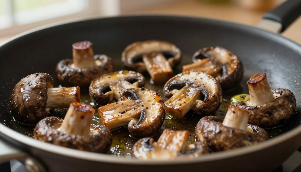 A close-up view of sautéed mushrooms on a frying pan, featuring a variety of mushrooms like cremini and shiitake, glistening with olive oil and speckled with freshly cracked black pepper. The mushrooms are perfectly caramelized, showcasing rich, earthy tones of brown and gold, hinting at their intense flavor. In the background, a soft-focus kitchen setting with warm, ambient light filtering through a window, creating a cozy atmosphere. The focus should capture the texture and shine of the mushrooms, emphasizing their appetizing appearance. Incorporate a sprinkle of sea salt on the pan to suggest the seasoning process. The overall mood is inviting, warm, and focused on the art of cooking mushrooms. A close-up view of sautéed mushrooms on a frying pan, featuring a variety of mushrooms like cremini and shiitake, glistening with olive oil and speckled with freshly cracked black pepper. The mushrooms are perfectly caramelized, showcasing rich, earthy tones of brown and gold, hinting at their intense flavor. In the background, a soft-focus kitchen setting with warm, ambient light filtering through a window, creating a cozy atmosphere. The focus should capture the texture and shine of the mushrooms, emphasizing their appetizing appearance. Incorporate a sprinkle of sea salt on the pan to suggest the seasoning process. The overall mood is inviting, warm, and focused on the art of cooking mushrooms.