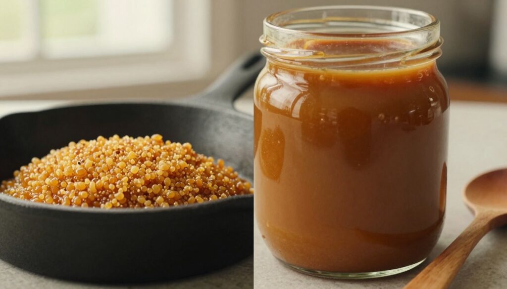 A close-up view of two caramel sauces side by side, visually contrasting the "dry caramel" on the left, golden and slightly granular, with a silky-smooth "wet caramel" on the right, glossy and rich. The dry caramel should be in a small cast-iron skillet, while the wet caramel is presented in a glass jar with a wooden spoon resting beside it. In the background, a blurred kitchen setting with warm, natural light filtering through a window, illuminating the textures of the caramel. The image should focus on capturing the rich amber hues and glossy sheen of the sauces, conveying a warm, inviting, and slightly nostalgic atmosphere, ideal for the culinary arts. A close-up view of two caramel sauces side by side, visually contrasting the "dry caramel" on the left, golden and slightly granular, with a silky-smooth "wet caramel" on the right, glossy and rich. The dry caramel should be in a small cast-iron skillet, while the wet caramel is presented in a glass jar with a wooden spoon resting beside it. In the background, a blurred kitchen setting with warm, natural light filtering through a window, illuminating the textures of the caramel. The image should focus on capturing the rich amber hues and glossy sheen of the sauces, conveying a warm, inviting, and slightly nostalgic atmosphere, ideal for the culinary arts.