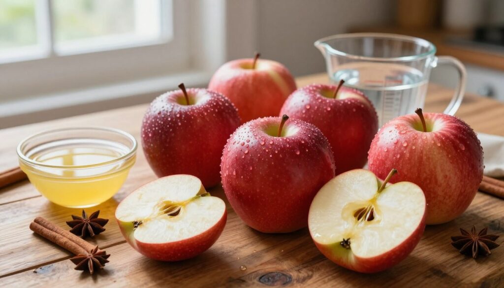 A collection of fresh, red apples arranged artfully on a rustic wooden kitchen table, glistening with a light dew. In the foreground, some apples are sliced open, revealing their juicy, textured flesh, while others remain whole, showcasing their vibrant skins. A small bowl of freshly squeezed lemon juice sits nearby, alongside a measuring cup filled with water. In the background, soft natural light pours in through a window, illuminating spices like cinnamon and nutmeg scattered around, hinting at the warmth and comfort of homemade applesauce. The overall atmosphere is warm and inviting, perfect for conveying a sense of home cooking and delicious flavors. The image captures the essence of ingredients used for making apple sauce, emphasizing freshness and simplicity. A collection of fresh, red apples arranged artfully on a rustic wooden kitchen table, glistening with a light dew. In the foreground, some apples are sliced open, revealing their juicy, textured flesh, while others remain whole, showcasing their vibrant skins. A small bowl of freshly squeezed lemon juice sits nearby, alongside a measuring cup filled with water. In the background, soft natural light pours in through a window, illuminating spices like cinnamon and nutmeg scattered around, hinting at the warmth and comfort of homemade applesauce. The overall atmosphere is warm and inviting, perfect for conveying a sense of home cooking and delicious flavors. The image captures the essence of ingredients used for making apple sauce, emphasizing freshness and simplicity.