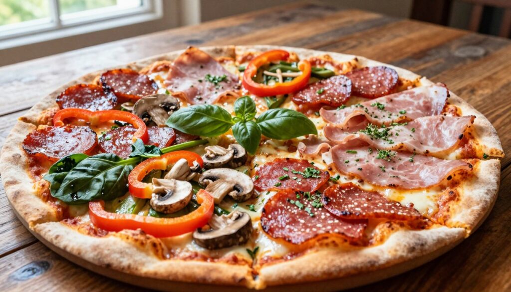 A colorful and inviting assortment of pizza toppings, including fresh vegetables like bell peppers, mushrooms, and spinach, alongside various cold cuts like pepperoni and ham, elegantly arranged on a crisp tortilla base. In the foreground, focus on vibrant ingredients, highlighting the textures and colors of each topping, with glistening herbs like basil and oregano sprinkled throughout. The middle ground showcases the tortilla pizza partially sliced, with melty cheese oozing from both sides. The background features a rustic wooden table, softly lit by natural sunlight filtering through a nearby window, creating a warm and welcoming atmosphere. Capture this scene from a slightly elevated angle to enhance depth and detail, ensuring a fresh and appetizing presentation. A colorful and inviting assortment of pizza toppings, including fresh vegetables like bell peppers, mushrooms, and spinach, alongside various cold cuts like pepperoni and ham, elegantly arranged on a crisp tortilla base. In the foreground, focus on vibrant ingredients, highlighting the textures and colors of each topping, with glistening herbs like basil and oregano sprinkled throughout. The middle ground showcases the tortilla pizza partially sliced, with melty cheese oozing from both sides. The background features a rustic wooden table, softly lit by natural sunlight filtering through a nearby window, creating a warm and welcoming atmosphere. Capture this scene from a slightly elevated angle to enhance depth and detail, ensuring a fresh and appetizing presentation.