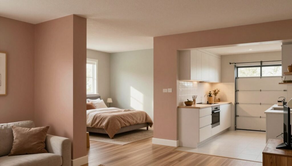 A cozy and inviting interior scene showcasing different rooms in a house, each highlighting a specific type of wall finish. In the foreground, a well-decorated living room features smooth, glossy wall finishes in soft earth tones. The middle section includes a serene bedroom with calming pastel shades and a textured ceiling, while on the opposite side, a bright kitchen displays clean, matte finishes that reflect natural light. In the background, a stylish bathroom features sleek, water-resistant finishes, and a garage with durable textures suited for practicality. The lighting is warm and ambient, creating a welcoming atmosphere throughout. The angle captures a spacious view that harmoniously connects all these rooms, emphasizing their distinct finishes and applications without any text or distractions. A cozy and inviting interior scene showcasing different rooms in a house, each highlighting a specific type of wall finish. In the foreground, a well-decorated living room features smooth, glossy wall finishes in soft earth tones. The middle section includes a serene bedroom with calming pastel shades and a textured ceiling, while on the opposite side, a bright kitchen displays clean, matte finishes that reflect natural light. In the background, a stylish bathroom features sleek, water-resistant finishes, and a garage with durable textures suited for practicality. The lighting is warm and ambient, creating a welcoming atmosphere throughout. The angle captures a spacious view that harmoniously connects all these rooms, emphasizing their distinct finishes and applications without any text or distractions.