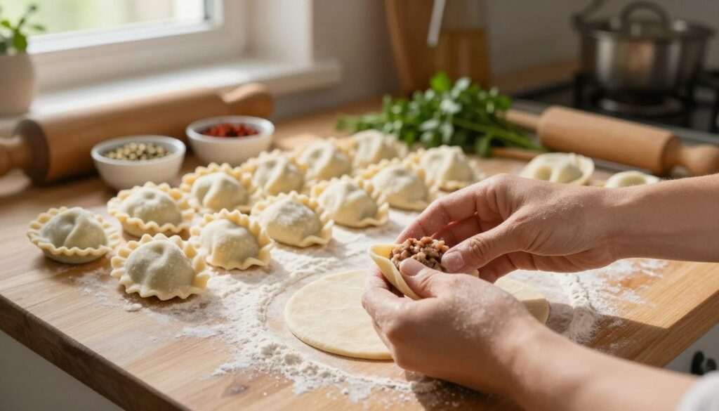 A cozy kitchen scene capturing the art of making pierogi, with a focus on a hands-on approach to filling and sealing them. In the foreground, a pair of hands gently shapes a soft dough round, filled with seasoned meat, while another pieróg is half-formed on the wooden countertop dusted with flour. The middle ground features an array of neatly arranged prepared pierogi, showcasing the artistry of crimped edges, alongside small bowls filled with various spices. In the background, warm natural light filters through a window, casting gentle shadows and creating a welcoming atmosphere. Utensils and fresh herbs add character to the setting, emphasizing the cozy and traditional feel of this culinary craft. The composition evokes a sense of warmth, focus, and dedication in the kitchen.