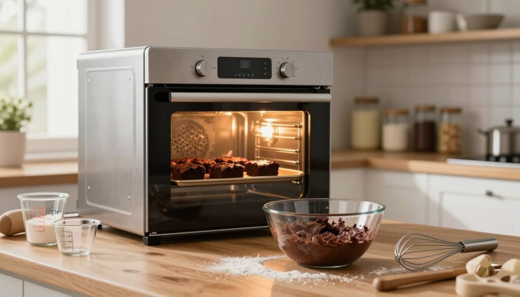A cozy kitchen scene featuring a modern oven with the door slightly ajar, emitting a warm glow that hints at delicious brownies baking inside. In the foreground, a glass mixing bowl filled with rich chocolate batter sits on a wooden countertop, surrounded by measuring cups, a whisk, and a sprinkling of flour. The middle ground shows the oven and a timer counting down, while the background features softly blurred shelves filled with baking supplies and jars of ingredients. Soft natural light filters through a nearby window, casting gentle shadows and creating a welcoming atmosphere. The focus is clear, capturing the warmth and inviting nature of home baking, emphasizing the importance of achieving a moist brownie center. A cozy kitchen scene featuring a modern oven with the door slightly ajar, emitting a warm glow that hints at delicious brownies baking inside. In the foreground, a glass mixing bowl filled with rich chocolate batter sits on a wooden countertop, surrounded by measuring cups, a whisk, and a sprinkling of flour. The middle ground shows the oven and a timer counting down, while the background features softly blurred shelves filled with baking supplies and jars of ingredients. Soft natural light filters through a nearby window, casting gentle shadows and creating a welcoming atmosphere. The focus is clear, capturing the warmth and inviting nature of home baking, emphasizing the importance of achieving a moist brownie center.