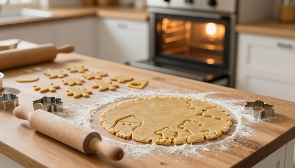 A cozy kitchen scene featuring the meticulous process of rolling out gingerbread dough and baking house components. In the foreground, a wooden countertop is scattered with flour, with a rolling pin and cookie cutters shaped like houses and trees. In the middle ground, perfectly cut gingerbread pieces await baking, while a warm oven in the background is slightly open, radiating a golden light. Soft, natural lighting enhances the warmth of the kitchen ambiance, creating an inviting atmosphere. Include clear details of the dough texture and the meticulous arrangement of tools, emphasizing precision to avoid deformations. Aim for a homely, festive feel, evoking the joy of holiday baking without any people present, focusing solely on the culinary artistry. A cozy kitchen scene featuring the meticulous process of rolling out gingerbread dough and baking house components. In the foreground, a wooden countertop is scattered with flour, with a rolling pin and cookie cutters shaped like houses and trees. In the middle ground, perfectly cut gingerbread pieces await baking, while a warm oven in the background is slightly open, radiating a golden light. Soft, natural lighting enhances the warmth of the kitchen ambiance, creating an inviting atmosphere. Include clear details of the dough texture and the meticulous arrangement of tools, emphasizing precision to avoid deformations. Aim for a homely, festive feel, evoking the joy of holiday baking without any people present, focusing solely on the culinary artistry.
