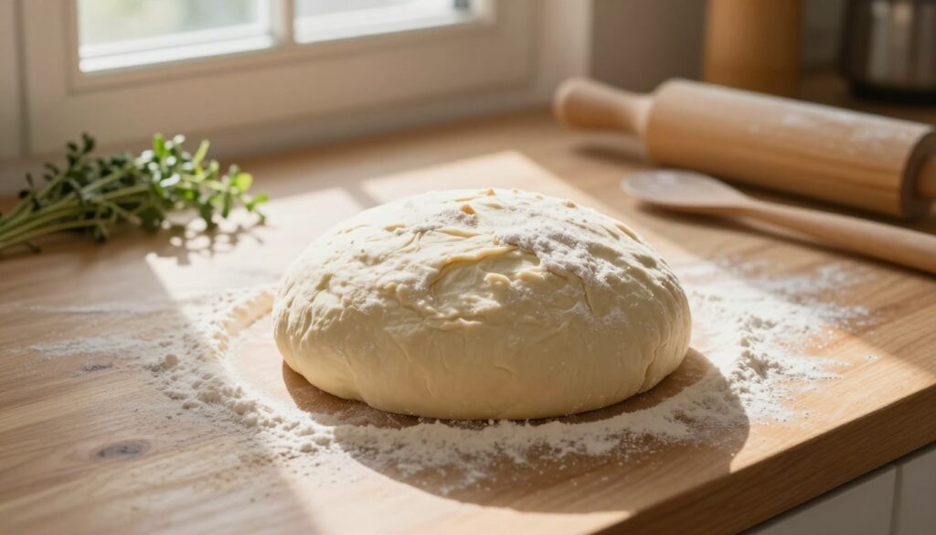A cozy kitchen scene focused on a bowl of rising dough placed softly on a warm, wooden countertop. In the foreground, the dough is fluffy and has nearly doubled in size, with a light dusting of flour around it, reflecting a successful proofing process. The middle section features gentle sunlight streaming through a window, illuminating the dough and creating a warm, inviting atmosphere. In the background, there are herbs and baking utensils, enhancing the baking theme. The angle captures the scene from slightly above, emphasizing the transformation of the dough. The lighting is soft and warm, evoking a sense of comfort and homeliness, perfect for illustrating the nurturing conditions necessary for dough rising. A cozy kitchen scene focused on a bowl of rising dough placed softly on a warm, wooden countertop. In the foreground, the dough is fluffy and has nearly doubled in size, with a light dusting of flour around it, reflecting a successful proofing process. The middle section features gentle sunlight streaming through a window, illuminating the dough and creating a warm, inviting atmosphere. In the background, there are herbs and baking utensils, enhancing the baking theme. The angle captures the scene from slightly above, emphasizing the transformation of the dough. The lighting is soft and warm, evoking a sense of comfort and homeliness, perfect for illustrating the nurturing conditions necessary for dough rising.