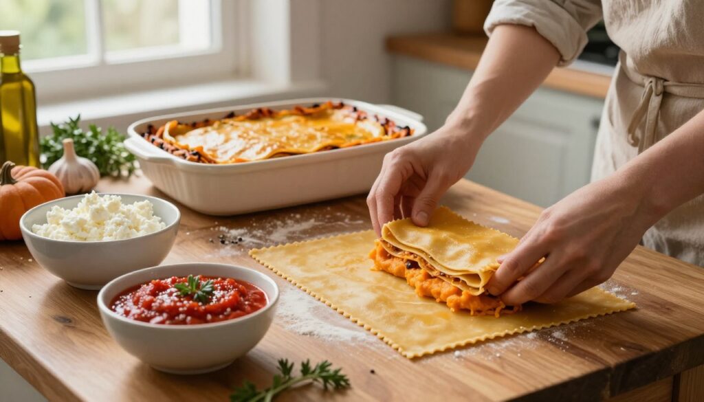 A cozy kitchen scene focused on the art of assembling a pumpkin lasagna. In the foreground, a wooden table is adorned with layers of fresh pasta sheets, vibrant orange pumpkin puree, a rich tomato sauce, and creamy ricotta cheese, artfully arranged in bowls. A pair of hands, wearing modest kitchen attire, gracefully layer the ingredients on the table. The middle ground features a partially assembled lasagna in a ceramic baking dish, with layers visibly stacked, ready for the oven. Soft, diffuse natural light filters through a nearby window, highlighting the warm colors of the ingredients and creating a welcoming atmosphere. In the background, rustic kitchen elements like herbs, garlic, and olive oil provide additional context, inviting the viewer into this delightful autumn cooking experience. A cozy kitchen scene focused on the art of assembling a pumpkin lasagna. In the foreground, a wooden table is adorned with layers of fresh pasta sheets, vibrant orange pumpkin puree, a rich tomato sauce, and creamy ricotta cheese, artfully arranged in bowls. A pair of hands, wearing modest kitchen attire, gracefully layer the ingredients on the table. The middle ground features a partially assembled lasagna in a ceramic baking dish, with layers visibly stacked, ready for the oven. Soft, diffuse natural light filters through a nearby window, highlighting the warm colors of the ingredients and creating a welcoming atmosphere. In the background, rustic kitchen elements like herbs, garlic, and olive oil provide additional context, inviting the viewer into this delightful autumn cooking experience.
