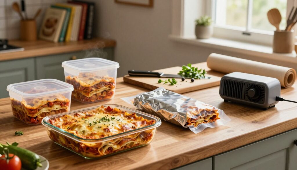 A cozy kitchen scene focused on the art of packing lasagna for freezing. In the foreground, a neatly arranged wooden countertop showcases a freshly baked lasagna in a glass dish, steam gently rising. Next to it, various containers: a sturdy plastic container with a tight lid, aluminum foil wrapped tightly around another portion, and a vacuum-sealed bag resting beside a vacuum pump. The middle ground features a small cutting board with a knife, fresh herbs scattered around for garnish, and a roll of parchment paper. Soft, warm lighting creates an inviting atmosphere, highlighting the rich layers of the lasagna and the vibrant colors of the ingredients. In the background, shelves filled with cooking books and utensils add an authentic kitchen touch, while a window lets in natural light, enhancing the homely feel. The angle is slightly above the countertop, capturing the essence of meal prep. A cozy kitchen scene focused on the art of packing lasagna for freezing. In the foreground, a neatly arranged wooden countertop showcases a freshly baked lasagna in a glass dish, steam gently rising. Next to it, various containers: a sturdy plastic container with a tight lid, aluminum foil wrapped tightly around another portion, and a vacuum-sealed bag resting beside a vacuum pump. The middle ground features a small cutting board with a knife, fresh herbs scattered around for garnish, and a roll of parchment paper. Soft, warm lighting creates an inviting atmosphere, highlighting the rich layers of the lasagna and the vibrant colors of the ingredients. In the background, shelves filled with cooking books and utensils add an authentic kitchen touch, while a window lets in natural light, enhancing the homely feel. The angle is slightly above the countertop, capturing the essence of meal prep.
