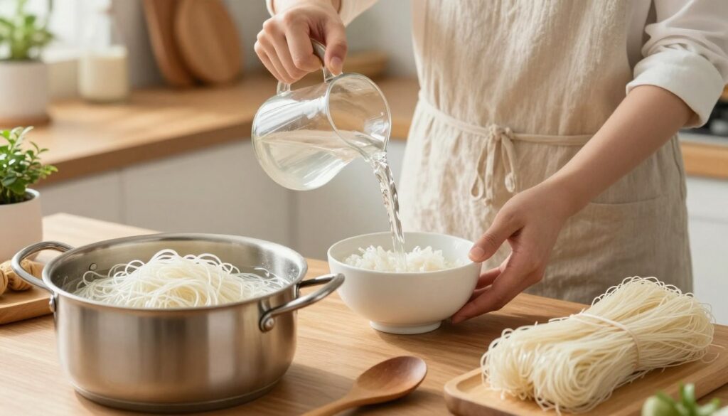 A cozy kitchen scene focused on the common mistakes made while cooking rice noodles. In the foreground, a stainless steel pot filled with overcooked, sticky rice noodles clumps together. Nearby, a wooden spoon rests beside a bowl of dry rice noodles, illustrating the initial mistake of not soaking them adequately. In the middle, a person in modest casual clothing is seen carefully pouring boiling water into another bowl, demonstrating the correct way to prepare the noodles. The background features soft, natural lighting that highlights the warm colors of the kitchen, with cooking utensils and a small plant adding a homely touch. The atmosphere is inviting, with a sense of learning and improvement in the air, emphasizing the importance of proper technique without being overly cluttered. A cozy kitchen scene focused on the common mistakes made while cooking rice noodles. In the foreground, a stainless steel pot filled with overcooked, sticky rice noodles clumps together. Nearby, a wooden spoon rests beside a bowl of dry rice noodles, illustrating the initial mistake of not soaking them adequately. In the middle, a person in modest casual clothing is seen carefully pouring boiling water into another bowl, demonstrating the correct way to prepare the noodles. The background features soft, natural lighting that highlights the warm colors of the kitchen, with cooking utensils and a small plant adding a homely touch. The atmosphere is inviting, with a sense of learning and improvement in the air, emphasizing the importance of proper technique without being overly cluttered.