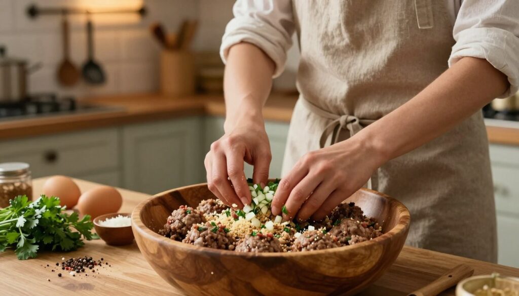 A cozy kitchen scene focused on the process of preparing a mixture for succulent meatballs. In the foreground, a large wooden bowl filled with a rich, blended mixture of ground meat, breadcrumbs, finely chopped onions, and herbs. A person, dressed in a modest casual apron, is using their hands to mix ingredients, showcasing a joyful commitment to cooking. In the middle ground, there's a countertop scattered with additional ingredients like eggs, spices, and fresh parsley, hinting at the preparation process. The background features a warm, softly lit kitchen with rustic cabinets and hanging utensils, enhancing the homely atmosphere. The lighting is warm and inviting, creating a sense of comfort and culinary passion.