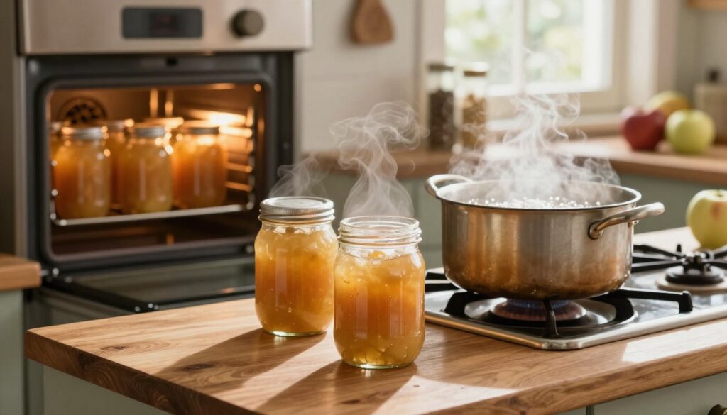 A cozy kitchen scene focused on the process of sterilizing jars for preserving apple puree. In the foreground, a clean wooden countertop holds several glass jars with golden apple puree, steam gently rising from them. A vintage pot filled with bubbling water on a stove is clearly visible, demonstrating the canning process. In the middle ground, a warm oven is open, showcasing more jars arranged neatly inside. The background includes rustic kitchen elements like spice jars and fresh apples, softly illuminated by natural light filtering through a nearby window, creating a welcoming atmosphere. The focus is sharp on the jars, with a slight bokeh effect on the background, evoking a sense of warmth and home-cooked goodness. A cozy kitchen scene focused on the process of sterilizing jars for preserving apple puree. In the foreground, a clean wooden countertop holds several glass jars with golden apple puree, steam gently rising from them. A vintage pot filled with bubbling water on a stove is clearly visible, demonstrating the canning process. In the middle ground, a warm oven is open, showcasing more jars arranged neatly inside. The background includes rustic kitchen elements like spice jars and fresh apples, softly illuminated by natural light filtering through a nearby window, creating a welcoming atmosphere. The focus is sharp on the jars, with a slight bokeh effect on the background, evoking a sense of warmth and home-cooked goodness.