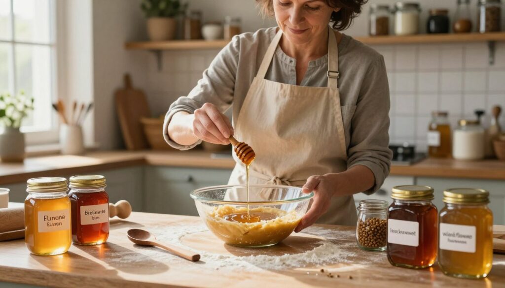 A cozy kitchen scene in warm, natural light, where a baker is gently adding honey into a mixing bowl of gingerbread dough. The foreground features a beautifully crafted wooden spoon, flour-dusted countertops, and jars of different honey types—linden, buckwheat, and wildflower—each labeled and reflecting their unique colors. In the middle, the baker, a middle-aged woman dressed in a simple, modest apron, looks focused yet content, carefully pouring the honey for optimal flavor. The background shows rustic shelves filled with baking tools and spices, with soft sunlight filtering through a window, creating a warm and inviting atmosphere. The image captures the essence of traditional baking, emphasizing the importance of adding honey at the right moment to preserve its aromatic qualities. A cozy kitchen scene in warm, natural light, where a baker is gently adding honey into a mixing bowl of gingerbread dough. The foreground features a beautifully crafted wooden spoon, flour-dusted countertops, and jars of different honey types—linden, buckwheat, and wildflower—each labeled and reflecting their unique colors. In the middle, the baker, a middle-aged woman dressed in a simple, modest apron, looks focused yet content, carefully pouring the honey for optimal flavor. The background shows rustic shelves filled with baking tools and spices, with soft sunlight filtering through a window, creating a warm and inviting atmosphere. The image captures the essence of traditional baking, emphasizing the importance of adding honey at the right moment to preserve its aromatic qualities.