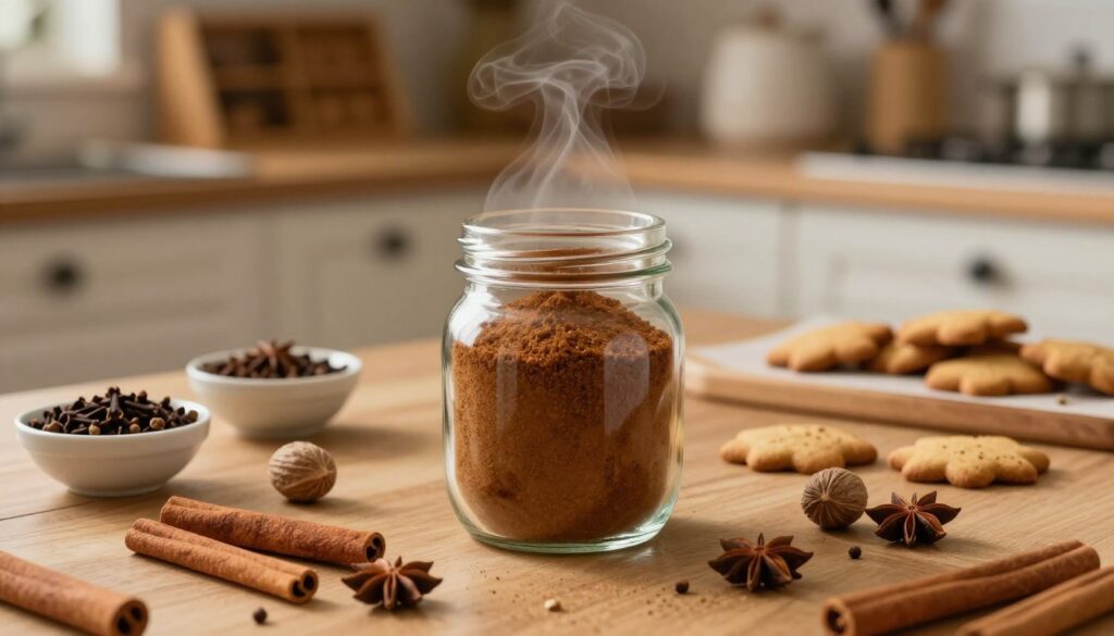 A cozy kitchen scene showcasing a beautiful wooden table adorned with a variety of spices used for gingerbread seasoning. In the foreground, an elegant glass jar filled with a fragrant gingerbread spice blend, showcasing its rich brown color and texture. Surrounding the jar, small bowls containing individual ingredients like cinnamon sticks, cloves, nutmeg, and star anise neatly arranged. In the background, soft, warm lighting floods the kitchen, accentuating the rustic wooden cabinets and spice racks. A subtle hint of steam wafts through the air, suggesting the warmth of freshly baked gingerbread cookies. The image evokes a sense of homey comfort and culinary creativity, perfect for showcasing the art of making gingerbread spice at home. A cozy kitchen scene showcasing a beautiful wooden table adorned with a variety of spices used for gingerbread seasoning. In the foreground, an elegant glass jar filled with a fragrant gingerbread spice blend, showcasing its rich brown color and texture. Surrounding the jar, small bowls containing individual ingredients like cinnamon sticks, cloves, nutmeg, and star anise neatly arranged. In the background, soft, warm lighting floods the kitchen, accentuating the rustic wooden cabinets and spice racks. A subtle hint of steam wafts through the air, suggesting the warmth of freshly baked gingerbread cookies. The image evokes a sense of homey comfort and culinary creativity, perfect for showcasing the art of making gingerbread spice at home.