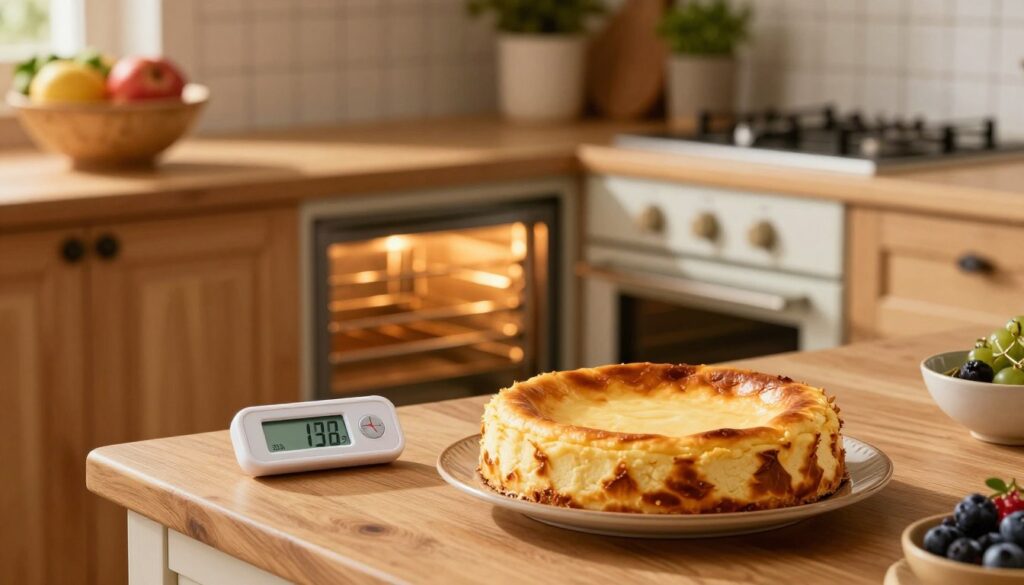 A cozy kitchen scene showcasing a perfectly baked cheesecake cooling on a wooden countertop, with a digital thermometer beside it displaying the ideal temperature for baking. In the foreground, a perfectly round, golden-brown cheesecake sits on a decorative plate, garnished with fresh berries. The middle ground features a warm, inviting oven with the door slightly ajar, emanating soft light that casts a golden hue on the surrounding surfaces. The background displays rustic kitchen elements—wooden cabinets, a colorful fruit bowl, and subtle herbs in pots—creating a homely atmosphere. The lighting is warm and natural, suggesting a sunny afternoon, enhancing the inviting mood of the kitchen. Emphasize a focus on temperature indications and baking techniques without any distractions.