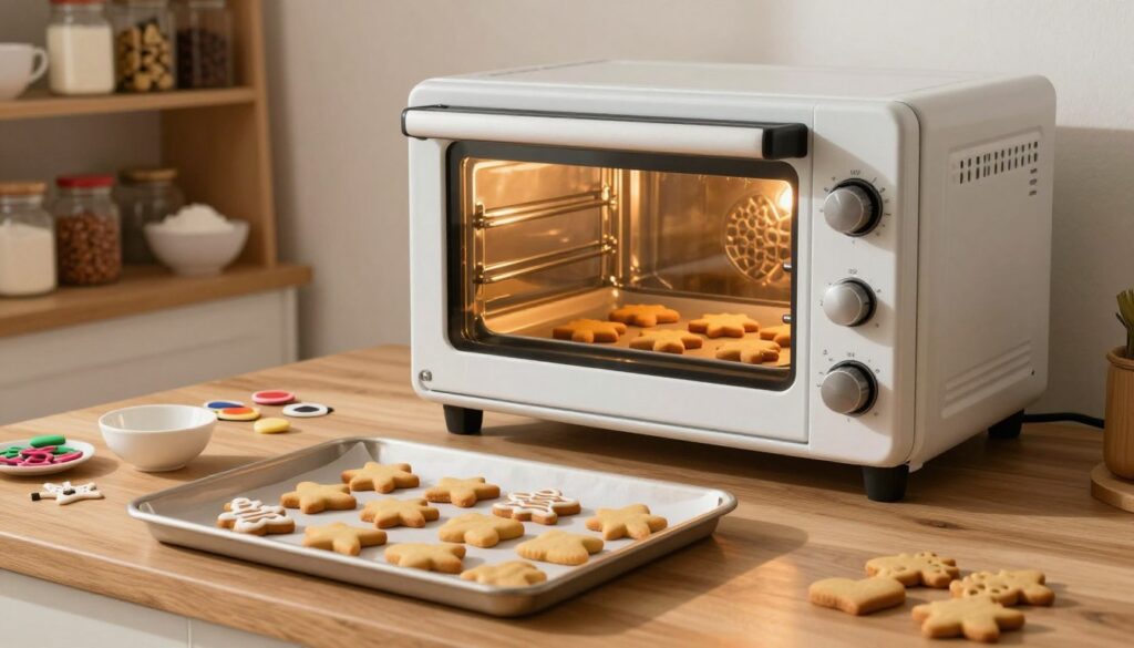 A cozy kitchen scene showcasing the process of baking gingerbread cookies with a focus on a convection oven in operation. In the foreground, a beautifully arranged tray of gingerbread cookies, some in festive shapes like stars and hearts, is placed on a wooden countertop. In the middle ground, a sleek, modern convection oven with warm light emanating from its interior, highlighting the golden-brown cookies baking inside. In the background, shelves filled with baking ingredients like spices, flour, and colorful cookie decorations create a warm and inviting atmosphere. The lighting is soft, casting gentle shadows, evoking a homely and cheerful mood, perfect for the art of baking during the holiday season. A cozy kitchen scene showcasing the process of baking gingerbread cookies with a focus on a convection oven in operation. In the foreground, a beautifully arranged tray of gingerbread cookies, some in festive shapes like stars and hearts, is placed on a wooden countertop. In the middle ground, a sleek, modern convection oven with warm light emanating from its interior, highlighting the golden-brown cookies baking inside. In the background, shelves filled with baking ingredients like spices, flour, and colorful cookie decorations create a warm and inviting atmosphere. The lighting is soft, casting gentle shadows, evoking a homely and cheerful mood, perfect for the art of baking during the holiday season.