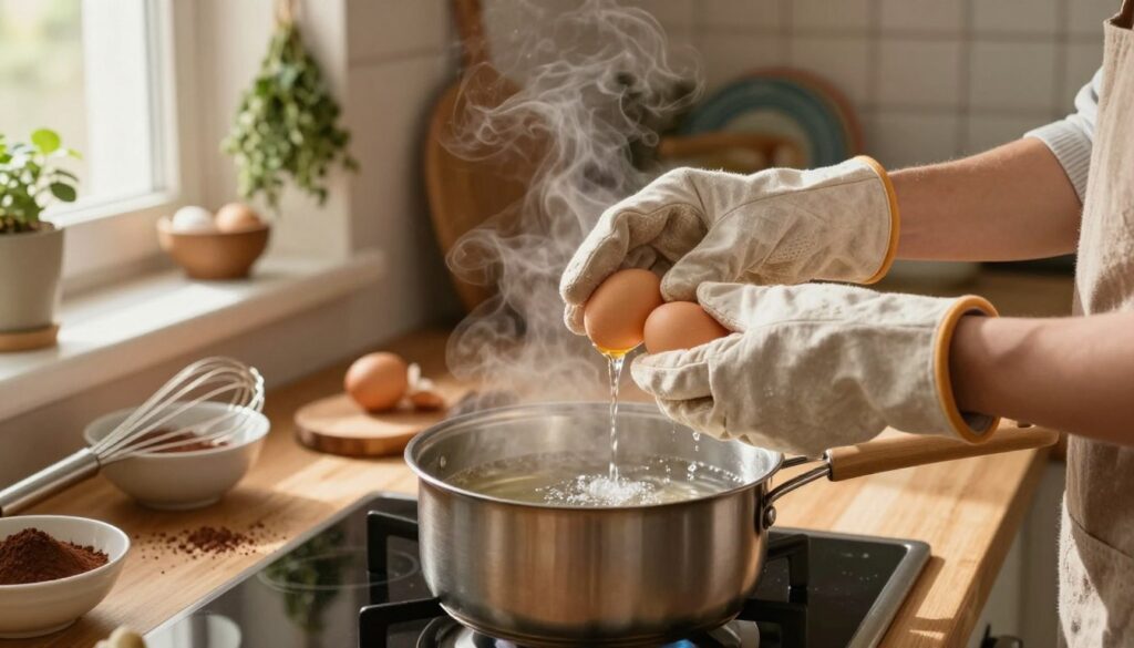 A cozy kitchen scene showcasing the process of blanching eggs for tiramisu. In the foreground, a small pot of boiling water simmers on a stove, steam rising gently. A pair of hands wearing light fabric cooking gloves carefully hold two eggs above the pot, capturing the moment before they are lowered into the water. The middle ground features a wooden countertop filled with ingredients: a whisk, a bowl, and scattered cocoa powder. In the background, warm, diffused sunlight enters through a window, highlighting the rustic kitchen decor, such as hanging herbs and colorful dishware. The atmosphere is calm and inviting, evoking a sense of home and culinary creativity, with a focus on the meticulous steps in egg preparation. The lighting should be soft and warm, emphasizing the coziness of the kitchen setting. A cozy kitchen scene showcasing the process of blanching eggs for tiramisu. In the foreground, a small pot of boiling water simmers on a stove, steam rising gently. A pair of hands wearing light fabric cooking gloves carefully hold two eggs above the pot, capturing the moment before they are lowered into the water. The middle ground features a wooden countertop filled with ingredients: a whisk, a bowl, and scattered cocoa powder. In the background, warm, diffused sunlight enters through a window, highlighting the rustic kitchen decor, such as hanging herbs and colorful dishware. The atmosphere is calm and inviting, evoking a sense of home and culinary creativity, with a focus on the meticulous steps in egg preparation. The lighting should be soft and warm, emphasizing the coziness of the kitchen setting.