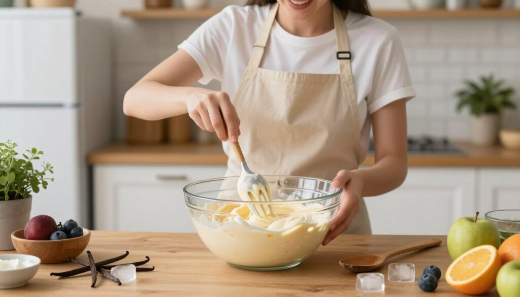 A cozy kitchen scene showcasing the process of making homemade ice cream without a machine. In the foreground, a glass mixing bowl filled with a creamy ice cream base sits atop a wooden table, surrounded by ingredients like vanilla beans, fresh fruits, and ice cubes. A wooden spoon rests next to the bowl, indicating a hands-on mixing approach. In the middle, a cheerful person, dressed in a simple white t-shirt and an apron, is energetically mixing the ingredients with a fork, showcasing the technique of using air to create a smooth texture. In the background, kitchen elements like a fridge, potted herbs, and soft, warm lighting create a comforting atmosphere. The image captures the essence of homemade ice cream-making, emphasizing a fun and accessible approach to achieving a creamy texture without ice crystals.