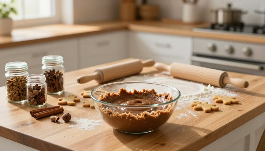 A cozy kitchen scene showing the step-by-step preparation of gingerbread cookies, focusing on the ingredients and tools scattered across a wooden countertop. In the foreground, a mixing bowl filled with a rich brown dough, surrounded by jars of vibrant spices like cinnamon and nutmeg, along with some unbaked gingerbread shapes. In the middle, a rolling pin and flour-dusted surface emphasize the hands-on aspect of baking. The background features a warm, inviting kitchen with soft, natural light streaming in from a nearby window, casting gentle shadows and creating a comforting atmosphere. The overall mood is cheerful and welcoming, perfect for a stress-free cooking experience. A cozy kitchen scene showing the step-by-step preparation of gingerbread cookies, focusing on the ingredients and tools scattered across a wooden countertop. In the foreground, a mixing bowl filled with a rich brown dough, surrounded by jars of vibrant spices like cinnamon and nutmeg, along with some unbaked gingerbread shapes. In the middle, a rolling pin and flour-dusted surface emphasize the hands-on aspect of baking. The background features a warm, inviting kitchen with soft, natural light streaming in from a nearby window, casting gentle shadows and creating a comforting atmosphere. The overall mood is cheerful and welcoming, perfect for a stress-free cooking experience.