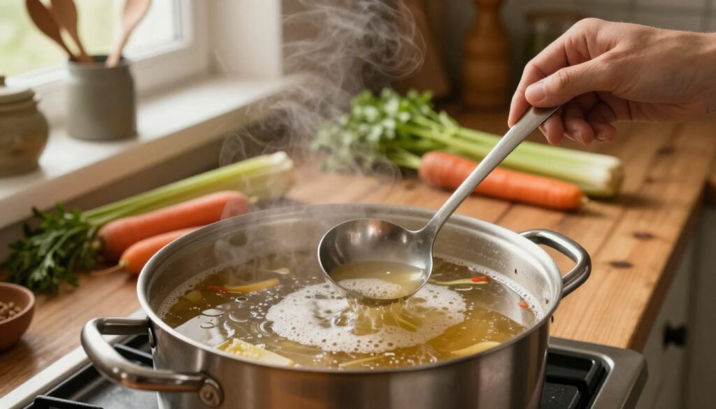 A cozy kitchen scene with a large pot of traditional broth (rosół) simmering on the stove, steam gently rising, capturing the essence of home cooking. In the foreground, a hand with a ladle is deftly skimming the frothy impurities (szumowiny) from the surface of the broth, showcasing the focus on clarity in cooking. The middle ground features ingredients such as carrots, celery, and herbs scattered on the countertop, adding color and texture. In the background, warm, ambient lighting from a nearby window gives a welcoming glow, highlighting a rustic wooden table filled with cooking utensils. The mood is inviting and homey, suggesting a moment of culinary care and ritual.