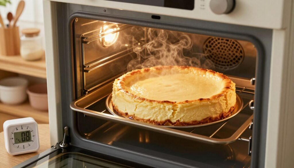 A cozy kitchen setting featuring an open oven with the warm glow of soft lighting illuminating a perfectly baked cheesecake inside, demonstrating the cooling process. The oven door is slightly ajar to show the gentle steam escaping, with a focus on the cheesecake's smooth surface, golden edges, and subtle cracks indicating even baking. In the foreground, a kitchen timer is ticking down, adding a sense of timing to the scene. The background includes wooden shelves lined with baking ingredients and utensils, and a window letting in natural light, creating a homey and inviting atmosphere. The shot is taken from a slightly elevated angle, emphasizing both the cheesecake and its environment, evoking a sense of warmth and culinary care. A cozy kitchen setting featuring an open oven with the warm glow of soft lighting illuminating a perfectly baked cheesecake inside, demonstrating the cooling process. The oven door is slightly ajar to show the gentle steam escaping, with a focus on the cheesecake's smooth surface, golden edges, and subtle cracks indicating even baking. In the foreground, a kitchen timer is ticking down, adding a sense of timing to the scene. The background includes wooden shelves lined with baking ingredients and utensils, and a window letting in natural light, creating a homey and inviting atmosphere. The shot is taken from a slightly elevated angle, emphasizing both the cheesecake and its environment, evoking a sense of warmth and culinary care.