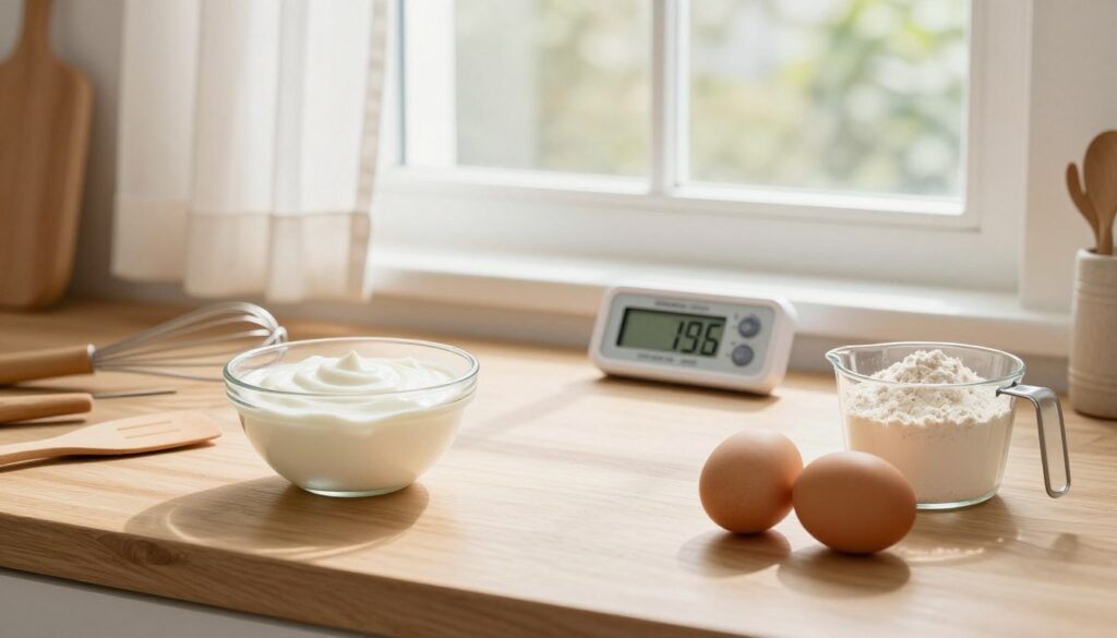 A cozy kitchen setting showcasing ingredients at room temperature, essential for baking a yogurt cake. In the foreground, a wooden countertop displays an assortment of ingredients: a bowl of plain yogurt, fresh eggs, and a measuring cup filled with flour, all arranged elegantly. In the middle ground, a digital thermometer sits next to a sunny window, indicating an ideal room temperature. The background features soft, natural lighting filtering through sheer curtains, creating a warm, inviting atmosphere. A few baking utensils, like whisk and spatula, are scattered around, enhancing the baking theme. The overall mood is calm and inviting, emphasizing the importance of maintaining room temperature for perfect baking results.