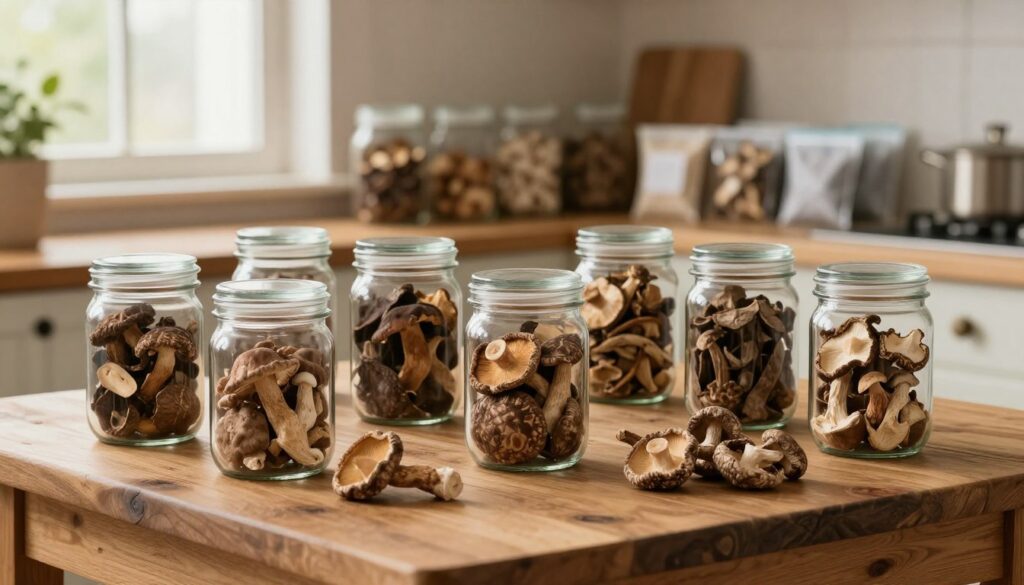 A cozy kitchen setting where dried mushrooms are being carefully stored. In the foreground, a rustic wooden table displays an assortment of jars filled with various types of dried mushrooms—porcini, shiitake, and more—each jar sealed tightly. The middle ground features a beautifully arranged shelf with additional containers, showcasing a range of moisture-absorbing packets. In the background, soft, warm light filters through a window, illuminating the scene and creating an inviting atmosphere. Subtle textures of wood and natural colors evoke a sense of home and tradition, emphasizing the care involved in preserving these fungi. A gentle, focused depth of field enhances the detail of the jars and the organic shapes of the mushrooms, inviting viewers to learn more about their proper storage. A cozy kitchen setting where dried mushrooms are being carefully stored. In the foreground, a rustic wooden table displays an assortment of jars filled with various types of dried mushrooms—porcini, shiitake, and more—each jar sealed tightly. The middle ground features a beautifully arranged shelf with additional containers, showcasing a range of moisture-absorbing packets. In the background, soft, warm light filters through a window, illuminating the scene and creating an inviting atmosphere. Subtle textures of wood and natural colors evoke a sense of home and tradition, emphasizing the care involved in preserving these fungi. A gentle, focused depth of field enhances the detail of the jars and the organic shapes of the mushrooms, inviting viewers to learn more about their proper storage.
