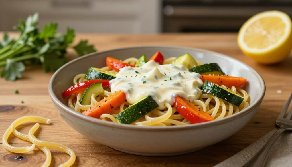 A creamy garlic lemon sauce is artfully presented in a rustic bowl, surrounded by vibrant, sautéed vegetables like zucchini, bell peppers, and carrots. The dish is placed on a wooden table, with strands of al dente pasta elegantly twisted nearby, glistening with the rich sauce. The lighting is warm and inviting, casting soft shadows that enhance the textures of the ingredients. In the background, hints of fresh herbs and a cut lemon add an organic touch, while a blurred kitchen setting evokes a cozy culinary atmosphere. The composition captures the essence of a quick, elegant meal that is both comforting and sophisticated, perfect for a light yet satisfying dinner.
