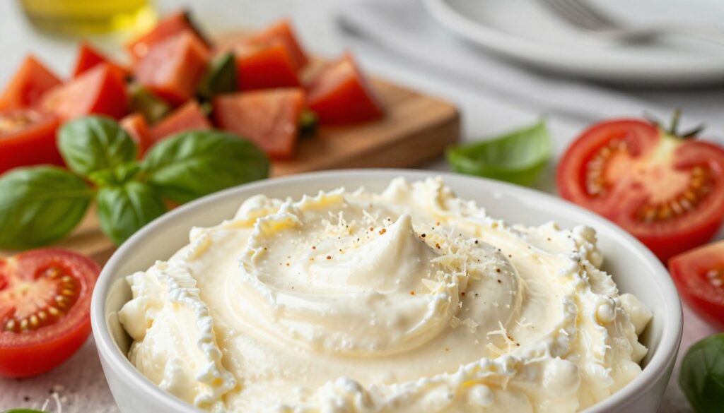 A creamy, luscious bowl of mascarpone cheese, prominently displayed in the foreground, glistening under soft, diffused natural lighting that enhances its rich texture. Surrounding the mascarpone are fresh ingredients like ripe tomatoes, fragrant basil leaves, and a light sprinkle of grated cheese, creating a harmonious blend of colors. In the middle ground, a wooden cutting board showcases chunky vegetable pieces, hinting at their role in thickening sauces, while a subtle hint of an elegantly set dining table can be glimpsed in the blurred background. The overall atmosphere exudes warmth and culinary creativity, inviting the viewer to appreciate the role of dairy in enhancing flavors and textures in cooking. The angle is slightly overhead, focusing on the depth and richness of the mascarpone against the vibrant colors of the accompanying ingredients.