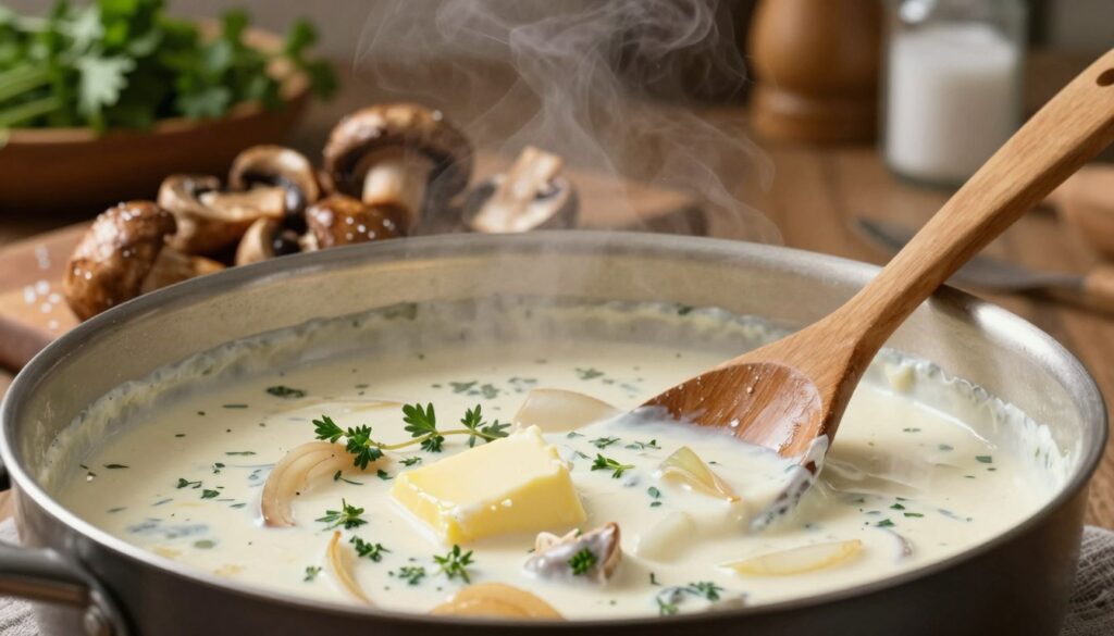 A creamy mushroom sauce preparation scene in a rustic kitchen setting. In the foreground, a saucepan filled with a rich, velvety white sauce made from heavy cream, butter, sautéed onions, and fresh herbs like parsley and thyme. The sauce is simmering, with steam rising gently. In the middle ground, there are fresh, sautéed mushrooms glowing with a golden brown hue, glistening slightly with a sprinkle of salt. A wooden spoon rests within the sauce. In the background, a warm, softly lit kitchen ambiance is present, with shelves displaying herbs and spices, contributing to a cozy, inviting atmosphere. The angle captures the ingredients beautifully, with a focus on the texture of the sauce, emphasizing a feeling of warmth and comfort in cooking. A creamy mushroom sauce preparation scene in a rustic kitchen setting. In the foreground, a saucepan filled with a rich, velvety white sauce made from heavy cream, butter, sautéed onions, and fresh herbs like parsley and thyme. The sauce is simmering, with steam rising gently. In the middle ground, there are fresh, sautéed mushrooms glowing with a golden brown hue, glistening slightly with a sprinkle of salt. A wooden spoon rests within the sauce. In the background, a warm, softly lit kitchen ambiance is present, with shelves displaying herbs and spices, contributing to a cozy, inviting atmosphere. The angle captures the ingredients beautifully, with a focus on the texture of the sauce, emphasizing a feeling of warmth and comfort in cooking.