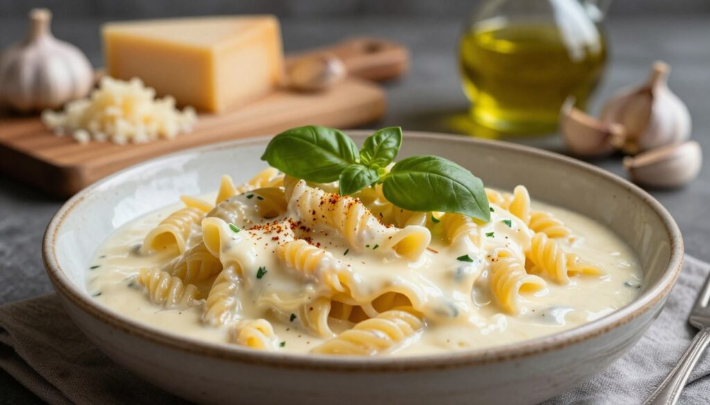 A creamy sauce, glistening with a rich, smooth texture, sits elegantly in a rustic ceramic bowl at the forefront, highlighted by soft, diffused lighting that accentuates its glossy surface. In the middle, a plate of al dente pasta twirls beautifully, adorned with melting cheese that drapes luxuriously over the noodles. Fresh herbs like basil and a light sprinkle of paprika add a pop of color and contrast. In the background, a wooden cutting board displays ingredients like grated cheese, garlic cloves, and a small jug of olive oil, subtly blurred to create depth and focus on the pasta dish. The atmosphere is warm and inviting, evoking a sense of comfort and indulgence, perfect for a cozy dining experience.