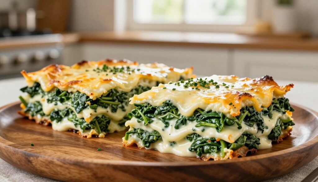 A creamy spinach lasagna, beautifully layered, showcasing vibrant green spinach interspersed with rich white béchamel sauce. In the foreground, a slice of lasagna is elegantly placed on a rustic wooden plate, with melted cheese glistening on top and a sprinkle of fresh herbs for garnish. In the middle ground, additional multi-layered lasagna pieces are arranged artistically, highlighting the creamy texture and freshness of the spinach. The background features a warm kitchen setting with soft, natural light filtering through a nearby window, casting a cozy glow. A subtle focus on depth of field blurs the kitchen elements slightly to draw attention to the lasagna. The atmosphere is inviting and appetizing, evoking a sense of home-cooked warmth and comfort.
