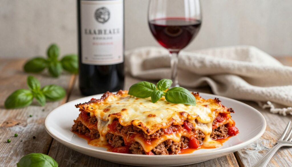 A delectable plate of cheesy lasagne, featuring layers of rich meat and savory tomato sauce, beautifully garnished with fresh basil leaves. The foreground showcases a perfectly baked, golden-brown top, with melted cheese oozing from the edges. In the middle ground, a bottle of Italian red wine rests elegantly beside a glass filled halfway, capturing the deep ruby color of the wine. The background features a rustic wooden table adorned with a soft, warm linen cloth and a scattering of fresh herbs. Soft, natural lighting illuminates the scene, creating a cozy and inviting atmosphere, evoking a sense of warmth and a gathering around a hearty meal. The focus is clear and sharp, drawing attention to the inviting textures and colors of the food and wine. A delectable plate of cheesy lasagne, featuring layers of rich meat and savory tomato sauce, beautifully garnished with fresh basil leaves. The foreground showcases a perfectly baked, golden-brown top, with melted cheese oozing from the edges. In the middle ground, a bottle of Italian red wine rests elegantly beside a glass filled halfway, capturing the deep ruby color of the wine. The background features a rustic wooden table adorned with a soft, warm linen cloth and a scattering of fresh herbs. Soft, natural lighting illuminates the scene, creating a cozy and inviting atmosphere, evoking a sense of warmth and a gathering around a hearty meal. The focus is clear and sharp, drawing attention to the inviting textures and colors of the food and wine.