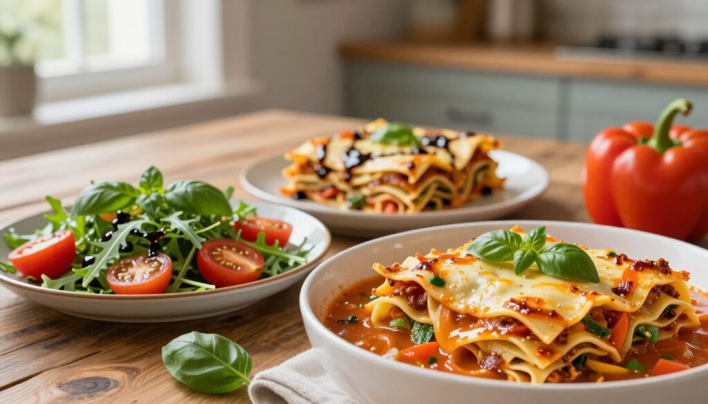 A delicious array of lasagna-inspired dishes, including a vibrant vegetable soup with lasagna noodles appearing in the foreground, nestled among fresh basil and colorful bell peppers. In the middle ground, a refreshing salad featuring layered lasagna strips, cherry tomatoes, and a drizzle of balsamic vinaigrette, garnished with arugula. The background showcases a rustic wooden table with a soft-focus effect, enhancing the homey atmosphere. The scene is illuminated by warm, natural lighting from a nearby window, creating a cozy and inviting mood. Capture this from a slightly elevated angle to provide depth, emphasizing the textures and colors of the food. A delicious array of lasagna-inspired dishes, including a vibrant vegetable soup with lasagna noodles appearing in the foreground, nestled among fresh basil and colorful bell peppers. In the middle ground, a refreshing salad featuring layered lasagna strips, cherry tomatoes, and a drizzle of balsamic vinaigrette, garnished with arugula. The background showcases a rustic wooden table with a soft-focus effect, enhancing the homey atmosphere. The scene is illuminated by warm, natural lighting from a nearby window, creating a cozy and inviting mood. Capture this from a slightly elevated angle to provide depth, emphasizing the textures and colors of the food.