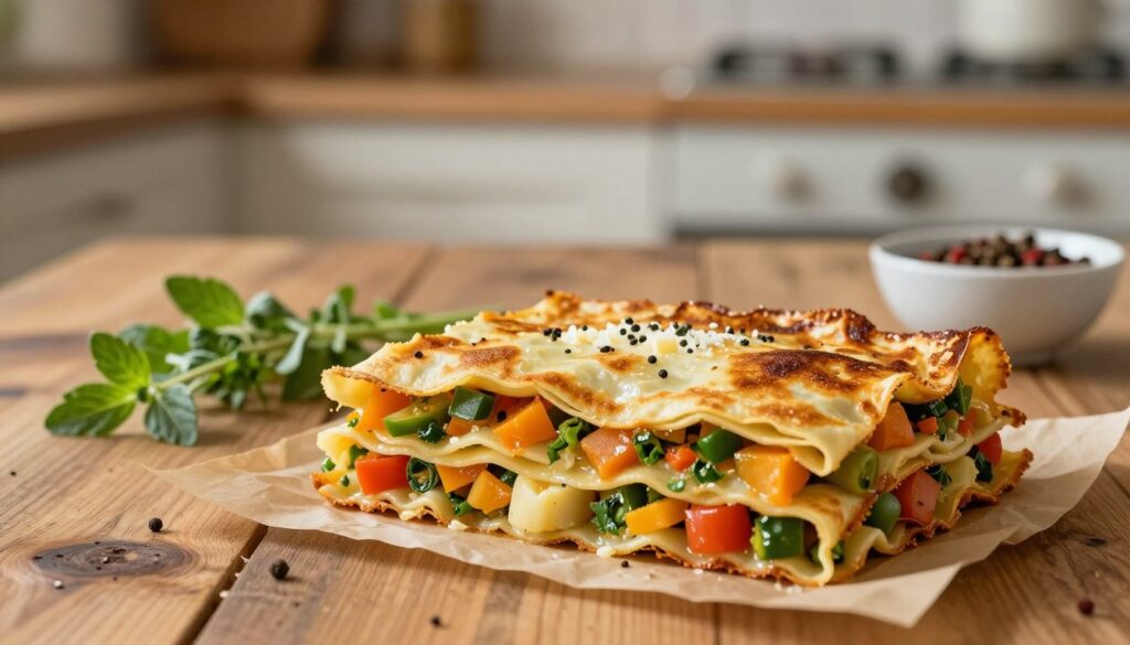 A delicious, artistically arranged dish of "farsz" inspired by traditional lasagne, featuring layers of thin, golden-brown crepes filled with a vibrant mix of colorful vegetables, herbs, and a hint of cheese. In the foreground, showcase a close-up of the lasagne slice, highlighting the exquisite textures of the filling and the crepes. The middle ground should include a rustic wooden table adorned with a few sprigs of fresh herbs and a small bowl of spices, adding depth and interest. In the background, soft, warm kitchen lighting creates a cozy atmosphere, subtly blurring the outlines of a homey kitchen setting. The mood is inviting and appetizing, perfect for inspiring creativity in meal preparation. A delicious, artistically arranged dish of "farsz" inspired by traditional lasagne, featuring layers of thin, golden-brown crepes filled with a vibrant mix of colorful vegetables, herbs, and a hint of cheese. In the foreground, showcase a close-up of the lasagne slice, highlighting the exquisite textures of the filling and the crepes. The middle ground should include a rustic wooden table adorned with a few sprigs of fresh herbs and a small bowl of spices, adding depth and interest. In the background, soft, warm kitchen lighting creates a cozy atmosphere, subtly blurring the outlines of a homey kitchen setting. The mood is inviting and appetizing, perfect for inspiring creativity in meal preparation.