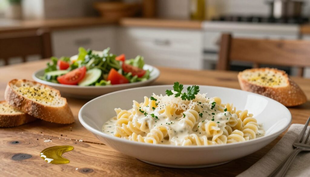 A delicious bowl of creamy pasta with sosy śmietankowe, placed prominently in the foreground. The pasta should be elegantly twirled, coated in a luscious, thick cream sauce, and garnished with fresh parsley and grated Parmesan. Include a side of crusty garlic bread and a drizzle of olive oil beside the bowl. In the middle ground, a rustic wooden dining table is set with a vibrant salad featuring tomatoes, cucumbers, and greens. The background features a softly blurred kitchen environment with warm, inviting lighting, providing a homely atmosphere. The overall mood is cozy and appetizing, capturing the essence of quick, comforting meals. Use a shallow depth of field to emphasize the dish while creating a warm and inviting ambiance.