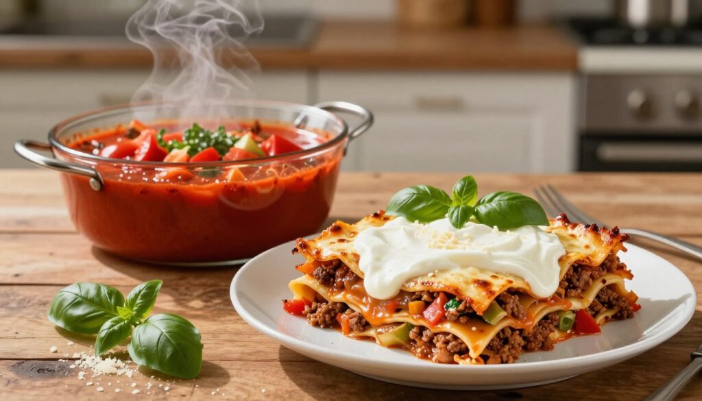 A delicious plate of creamy lasagna showcasing layers of rich meat sauce, fresh vegetables, and melted cheese, all enveloped in a silky smooth layer of 30% sour cream. In the foreground, the lasagna is positioned on a rustic wooden table, garnished with fresh basil leaves and a sprinkle of parmesan cheese. In the middle, a steaming pot of tomato sauce and chopped vegetables are placed nearby, highlighting the key ingredients. The background features a softly lit kitchen setting, with delicate shadows casting a warm glow, evoking a cozy, inviting atmosphere. The scene is captured from a slightly elevated angle, emphasizing the texture of the lasagna and the vibrant colors of the ingredients, creating a mouthwatering and appealing presentation.