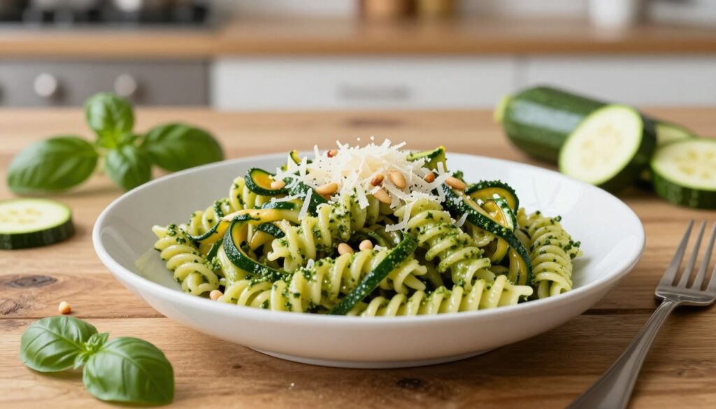 A delicious plate of "makaron z pesto" featuring vibrant green basil pesto, glossy and aromatic, coating al dente pasta twirls. Garnished with finely grated Parmesan cheese and a sprinkle of pine nuts, the dish should be accompanied by sautéed zucchini ribbons for added color and texture. The foreground captures the pasta in a white ceramic bowl, with elegant eating utensils placed beside it. In the middle ground, a rustic wooden table adds warmth, while fresh basil leaves and zucchini slices lie casually around the dish. The background features a blurred kitchen setting with soft, natural lighting that suggests a cozy, inviting atmosphere. The overall mood is homey and infused with the essence of Italian cuisine, evoking a sense of comfort and flavor.