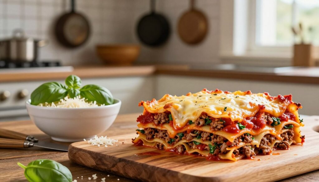 A delicious serving of Polish-style lasagna with minced meat is the centerpiece of the image. The layers of pasta are generously filled with a rich, homemade tomato sauce, topped with melted cheese glistening under warm lighting. In the foreground, a wooden cutting board holds a slice of the lasagna, showcasing its colorful layers of ground beef, herbs, and melted cheese. In the middle, a bowl of fresh basil and grated cheese adds to the culinary charm. The background features a rustic kitchen setting, with pots and pans hanging on the wall and soft, natural light filtering through a window. The overall atmosphere is warm and inviting, evoking the comfort of a home-cooked meal shared with loved ones.