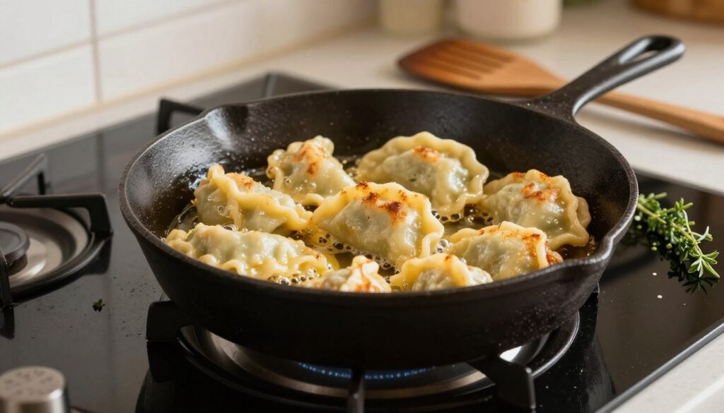 A detailed cast iron skillet with a glossy black surface, expertly heated on a modern stovetop. The skillet is filled with freshly fried golden-brown pierogi, bubbling lightly in rich, melted butter. To the side, a wooden spatula rests against the skillet, while sprigs of fresh herbs are delicately scattered around for flavor. Soft, warm light illuminates the scene, creating a cozy and inviting atmosphere, with the warm glow reflecting off the shiny surface of the skillet. In the background, a blurred kitchen setting adds depth, hinting at a culinary workspace. Capture the perfect moment of sizzling and browning, emphasizing the delicious textures and colors of the pierogi with a shallow depth of field for a focus on the skillet. A detailed cast iron skillet with a glossy black surface, expertly heated on a modern stovetop. The skillet is filled with freshly fried golden-brown pierogi, bubbling lightly in rich, melted butter. To the side, a wooden spatula rests against the skillet, while sprigs of fresh herbs are delicately scattered around for flavor. Soft, warm light illuminates the scene, creating a cozy and inviting atmosphere, with the warm glow reflecting off the shiny surface of the skillet. In the background, a blurred kitchen setting adds depth, hinting at a culinary workspace. Capture the perfect moment of sizzling and browning, emphasizing the delicious textures and colors of the pierogi with a shallow depth of field for a focus on the skillet.