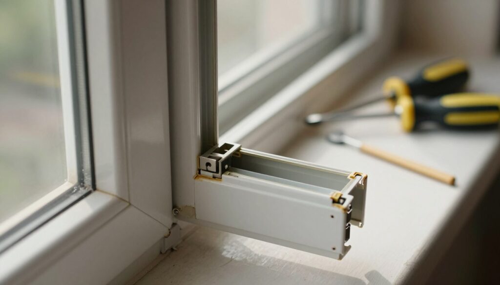 A detailed close-up image of a damaged plastic window frame, prominently featuring chipped corners and misaligned hinges. The foreground shows the damaged parts with clear texture and details, including scratches and discoloration. In the middle ground, tools like a screwdriver and small pry bar are carefully placed to suggest a DIY repair process. The background is softly blurred, hinting at a home setting with muted colors to enhance focus on the frame's issues. Natural light filters through the window, casting gentle shadows to create an atmosphere of urgency and importance. The overall mood conveys a sense of caution and professionalism, aimed at educating viewers about common mistakes made during window removal.