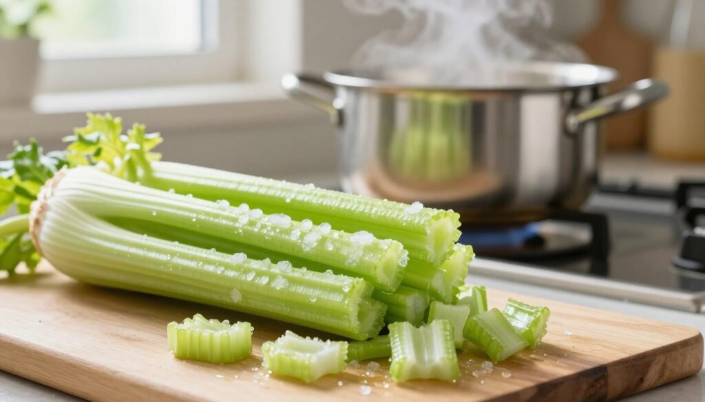 A detailed close-up of fresh celery stalks, showcasing the crisp texture and vibrant green color, partially frozen in a home kitchen setting. The foreground features a cutting board with freshly cut celery pieces, glistening with ice crystals, emphasizing the freezing process. In the middle, a stainless steel pot sits on a stove, with steam rising, suggesting a blanching step before freezing. The background features softly blurred kitchen elements, like a window with natural light streaming in, creating a warm and inviting atmosphere. The mood is one of freshness and home cooking, evoking the idea of preserving flavors through freezing. Capture the scene with bright, soft lighting and a shallow depth of field to highlight the celery and kitchen elements. A detailed close-up of fresh celery stalks, showcasing the crisp texture and vibrant green color, partially frozen in a home kitchen setting. The foreground features a cutting board with freshly cut celery pieces, glistening with ice crystals, emphasizing the freezing process. In the middle, a stainless steel pot sits on a stove, with steam rising, suggesting a blanching step before freezing. The background features softly blurred kitchen elements, like a window with natural light streaming in, creating a warm and inviting atmosphere. The mood is one of freshness and home cooking, evoking the idea of preserving flavors through freezing. Capture the scene with bright, soft lighting and a shallow depth of field to highlight the celery and kitchen elements.