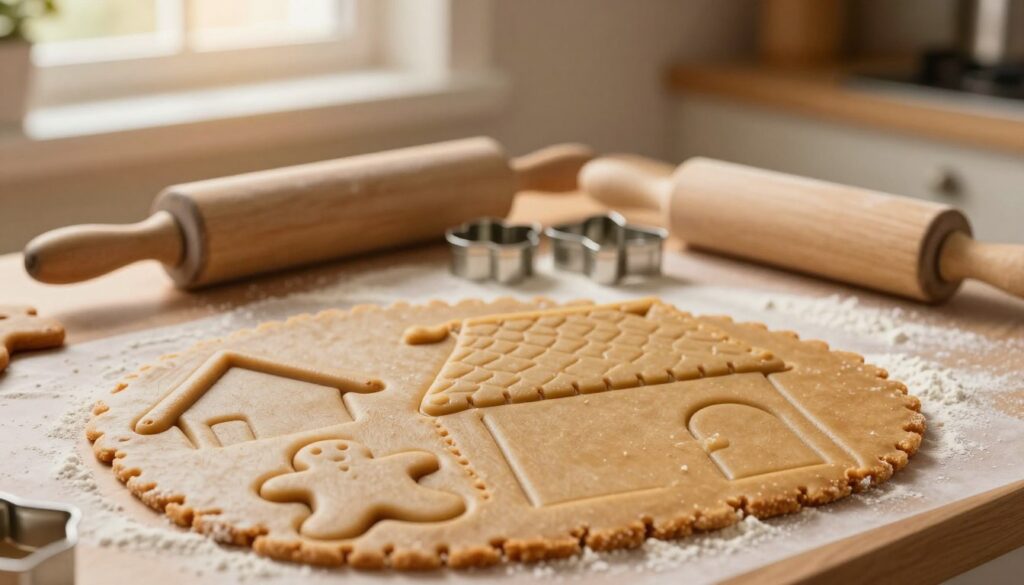 A detailed layout featuring a beautifully designed gingerbread house template, showcasing its individual elements ready for cutting. In the foreground, neatly arranged cookie dough shapes of a roof, walls, and a door, lightly dusted with flour. In the middle, a rolling pin and a set of cookie cutters are placed, highlighting the preparation stage. The background has a warm kitchen atmosphere, with soft, golden light emanating from a nearby window, illuminating the scene. Use a shallow depth of field to subtly blur the kitchen tools in the background, focusing on the gingerbread shapes in the forefront. Create a cozy and inviting mood, evoking a sense of holiday crafting excitement. A detailed layout featuring a beautifully designed gingerbread house template, showcasing its individual elements ready for cutting. In the foreground, neatly arranged cookie dough shapes of a roof, walls, and a door, lightly dusted with flour. In the middle, a rolling pin and a set of cookie cutters are placed, highlighting the preparation stage. The background has a warm kitchen atmosphere, with soft, golden light emanating from a nearby window, illuminating the scene. Use a shallow depth of field to subtly blur the kitchen tools in the background, focusing on the gingerbread shapes in the forefront. Create a cozy and inviting mood, evoking a sense of holiday crafting excitement.