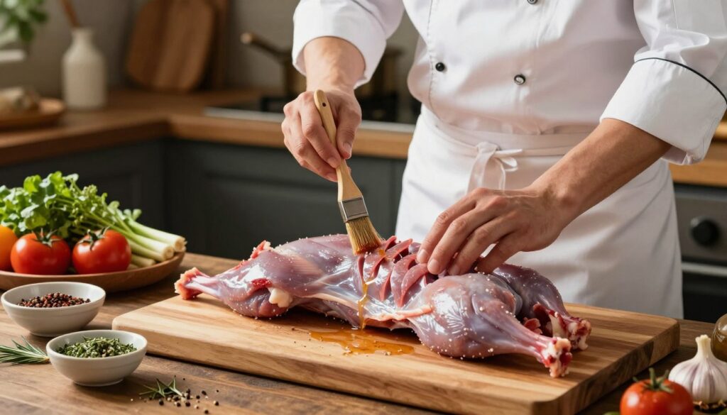 A detailed preparation scene of rabbit meat before roasting, emphasizing the process of marinating and butchering. In the foreground, a wooden cutting board holds a beautifully arranged rabbit, partially deconstructed with skillful cuts visible, alongside small bowls of herbs and spices for marinade. In the middle, a chef, dressed in a neat white apron and professional attire, carefully applies the marinade with a brush, showing focus and expertise. The background features a rustic kitchen with warm lighting, filled with kitchen tools and fresh vegetables, creating a cozy atmosphere. Soft shadows enhance the textures of the meat and ingredients, while a slight overhead view captures the entire scene, highlighting the importance of careful preparation to prevent dryness in the meat.