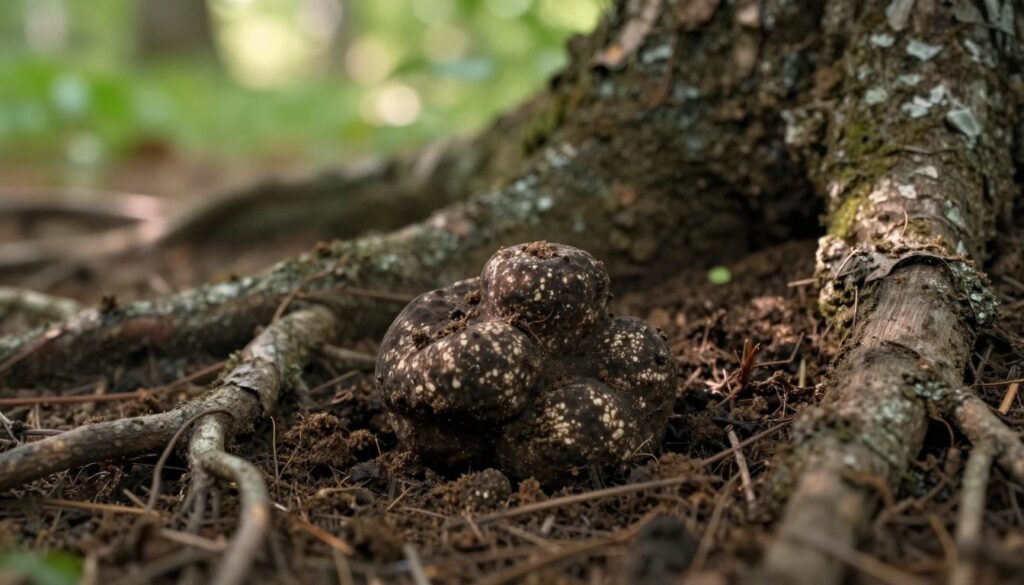 A detailed view of a truffle nestled underground, surrounded by rich, dark soil and tree roots. In the foreground, the truffle is partially visible, showcasing its rough exterior texture and irregular shape, with fine details of soil clinging to it. The middle ground reveals a tapestry of roots from nearby oak trees, indicating the symbiotic relationship between the truffle and its host. The background consists of a soft blur of green foliage and dappled sunlight filtering through, creating a serene and natural atmosphere. Use warm, diffused lighting to highlight the truffle's form and the earthy tones of the environment. The image should convey a sense of hidden treasure waiting to be discovered, embodying the mystery and rarity of truffles in their natural habitat.