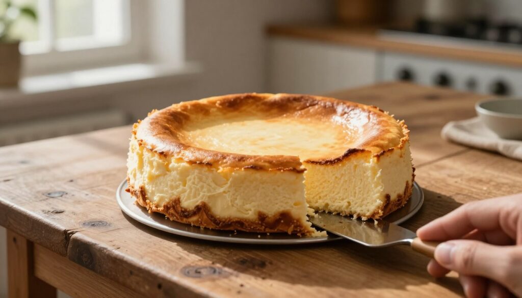 A freshly baked cheesecake cooling on a rustic wooden kitchen table, showcasing a perfectly golden-brown top with a slight golden hue around the edges, while the center remains slightly jiggly to suggest its creamy texture. In the foreground, a subtle hand with a delicate spatula gently touches the edge of the cheesecake, indicating the test for doneness without a toothpick. The background features a softly blurred kitchen setting with light streaming through a nearby window, casting warm, inviting shadows. The overall atmosphere is cozy and homely, with a hint of deliciousness in the air, evoking the joy of baking and the anticipation of tasting a perfectly achieved cheesecake.