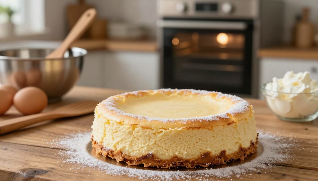 A freshly baked cheesecake with visible cracks on its surface, showcasing the delicate texture of the cake. In the foreground, the cheesecake is placed on a rustic wooden table, with a light dusting of powdered sugar delicately sprinkled on top. The middle layer features a warm, softly lit kitchen environment, highlighting baking tools like a mixing bowl and spatula, and ingredients such as eggs and cream cheese scattered around. In the background, a soft-focus view of an oven with the door slightly ajar, emitting a gentle glow. The atmosphere is warm and inviting, evoking a sense of home baking. Use natural lighting to enhance the cake's creamy tones and create a cozy mood, with a shallow depth of field to focus on the cheesecake. A freshly baked cheesecake with visible cracks on its surface, showcasing the delicate texture of the cake. In the foreground, the cheesecake is placed on a rustic wooden table, with a light dusting of powdered sugar delicately sprinkled on top. The middle layer features a warm, softly lit kitchen environment, highlighting baking tools like a mixing bowl and spatula, and ingredients such as eggs and cream cheese scattered around. In the background, a soft-focus view of an oven with the door slightly ajar, emitting a gentle glow. The atmosphere is warm and inviting, evoking a sense of home baking. Use natural lighting to enhance the cake's creamy tones and create a cozy mood, with a shallow depth of field to focus on the cheesecake.
