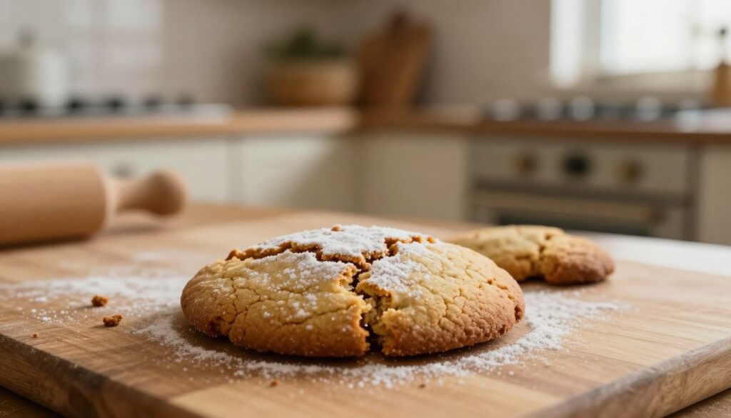A freshly baked gingerbread cookie, perfectly golden brown and slightly cracked on the surface, prominently placed in the foreground. The cookie is adorned with a light dusting of powdered sugar, highlighting its texture. In the middle ground, a wooden board is visible, scattered with subtle crumbs and a hint of flour, suggesting the process of baking has just concluded. Soft focus on a warm kitchen in the background, featuring a vintage oven and baking utensils, creating a homely atmosphere. Warm, inviting lighting filters through a window, casting gentle shadows and enhancing the cozy feel of the scene. The overall mood is one of warmth and nostalgia, evoking the comforting experience of baking during the holiday season. A freshly baked gingerbread cookie, perfectly golden brown and slightly cracked on the surface, prominently placed in the foreground. The cookie is adorned with a light dusting of powdered sugar, highlighting its texture. In the middle ground, a wooden board is visible, scattered with subtle crumbs and a hint of flour, suggesting the process of baking has just concluded. Soft focus on a warm kitchen in the background, featuring a vintage oven and baking utensils, creating a homely atmosphere. Warm, inviting lighting filters through a window, casting gentle shadows and enhancing the cozy feel of the scene. The overall mood is one of warmth and nostalgia, evoking the comforting experience of baking during the holiday season.