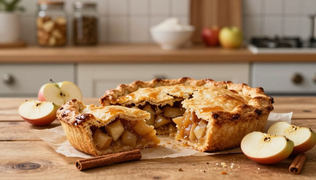 A freshly baked jabłecznik, a traditional Polish apple pie, centered on a rustic wooden table. In the foreground, the pie is beautifully sliced, showcasing tender, spiced apple filling with a golden-brown, flaky crust, glistening slightly with a hint of caramelization. A few apple slices and cinnamon sticks are artfully arranged beside the pie. In the middle ground, a cozy kitchen environment can be seen, with soft, warm lighting creating a welcoming atmosphere. The background features a wooden shelf lined with various baking ingredients like flour and spices, hinting at the artisanal process of making the jabłecznik. The scene captures a sense of homeliness and nostalgia, inviting viewers to appreciate this delightful dessert. A freshly baked jabłecznik, a traditional Polish apple pie, centered on a rustic wooden table. In the foreground, the pie is beautifully sliced, showcasing tender, spiced apple filling with a golden-brown, flaky crust, glistening slightly with a hint of caramelization. A few apple slices and cinnamon sticks are artfully arranged beside the pie. In the middle ground, a cozy kitchen environment can be seen, with soft, warm lighting creating a welcoming atmosphere. The background features a wooden shelf lined with various baking ingredients like flour and spices, hinting at the artisanal process of making the jabłecznik. The scene captures a sense of homeliness and nostalgia, inviting viewers to appreciate this delightful dessert.